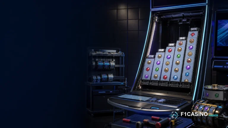 f1casino Megaways mekaniğini gösteren değişken yükseklikte slot makaraları